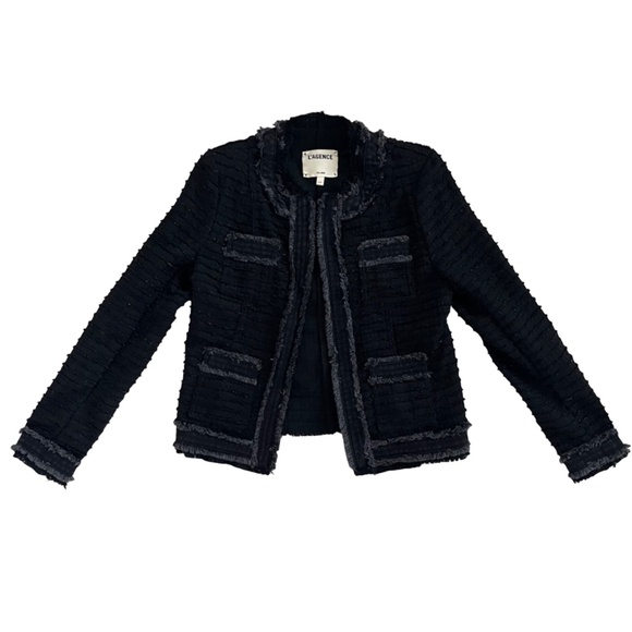 L'AGENCE Agnes Tweed Jacket in Black Wash, Size Small, Made in USA, Denim Fringe - Picture 2 of 12